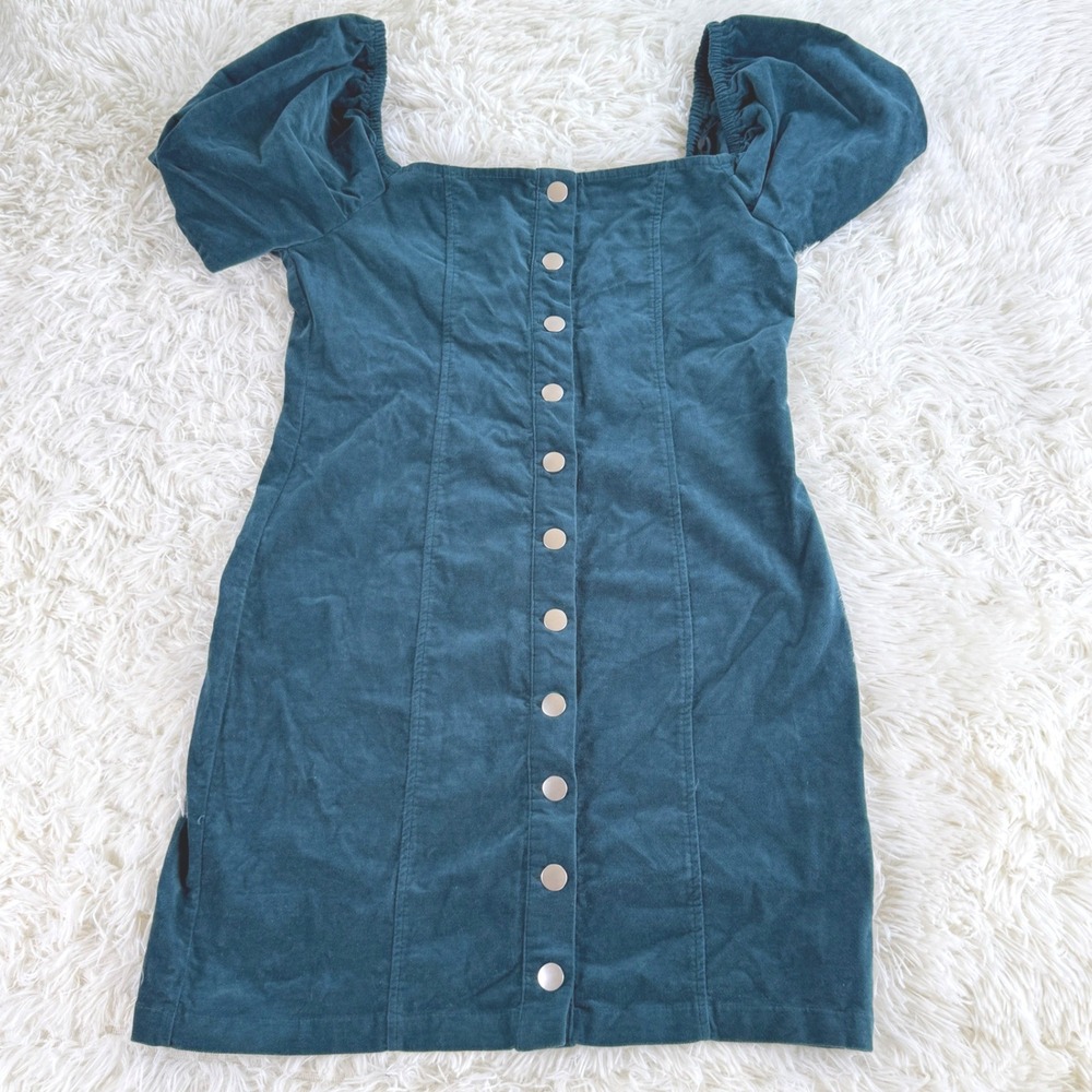 Forever 21 Teal Corduroy Button Front Puff Sleeve‎ Mini Dress Size Large Retro